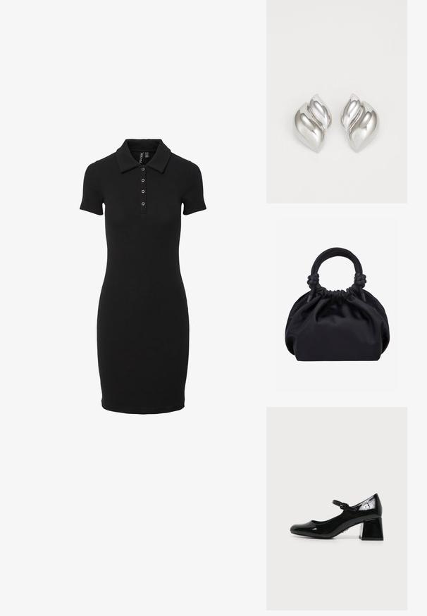Schwarzes, geripptes Polokleid mit schlanker Passform, kurzen Ärmeln und einem Kragen mit drei Knöpfen auf der Knopfleiste. Durchgehend glatte Textur.; Schwarzer Mary Jane Schuh aus Lackleder mit abgerundetem Zeh, niedrigem Blockabsatz und verstellbarem Riemen mit Schnalle auf neutralem Hintergrund.; Schwarze weiche Stoffhandtasche mit gerafftem oberen Rand und runden, gepolsterten Griffen, die auf jeder Seite mit Knoten gebunden sind.; Silberne Ohrringe mit einer organischen, abstrakten Form. Glatte, glänzende Oberfläche mit einem konischen Design. Mit dezenten Kurven und einem zentralen Linienelement.