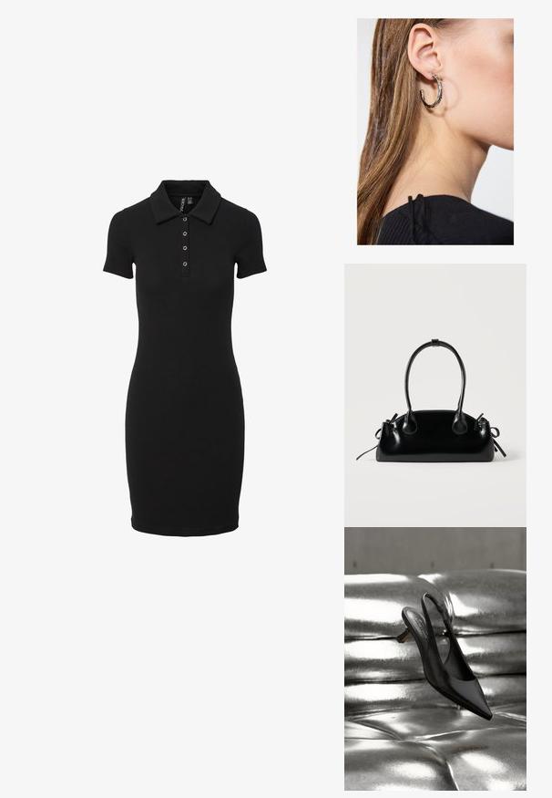 Schwarzes, geripptes Polokleid mit schlanker Passform, kurzen Ärmeln und einem Kragen mit drei Knöpfen auf der Knopfleiste. Durchgehend glatte Textur.; Schwarzer Slingback-Schuh mit spitzer Kappe und glänzendem Lederfinish, ausgestattet mit niedrigem Blockabsatz und dünnem Knöchelriemen, schwebt über einer metallischen Oberfläche.; Kleine schwarze glänzende Handtasche mit zwei langen Griffen und seitlichen Kordelzug-Details vor einfachem hellem Hintergrund.; Silberne Creolen mit polierter Oberfläche, die kleine goldene Akzentdetails und eine runde Form aufweisen, am Ohrläppchen getragen.