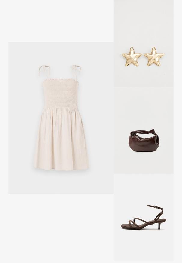 Vestido sin mangas de color beige con corsé fruncido, tirantes ajustables y falda acampanada. Hecho de una tela ligera y texturizada.; Sandalia marrón de tacón alto con tiras finas cruzadas y una correa en el tobillo con una hebilla plateada sobre un fondo blanco.; Bolso de hombro de cuero marrón oscuro con una forma suave y caída, y un asa con nudo torcido sobre un fondo blanco liso.; Pendientes en forma de estrella dorada con un acabado suave y brillante y un diseño tridimensional, que presentan cinco puntas y una textura ligeramente curvada.