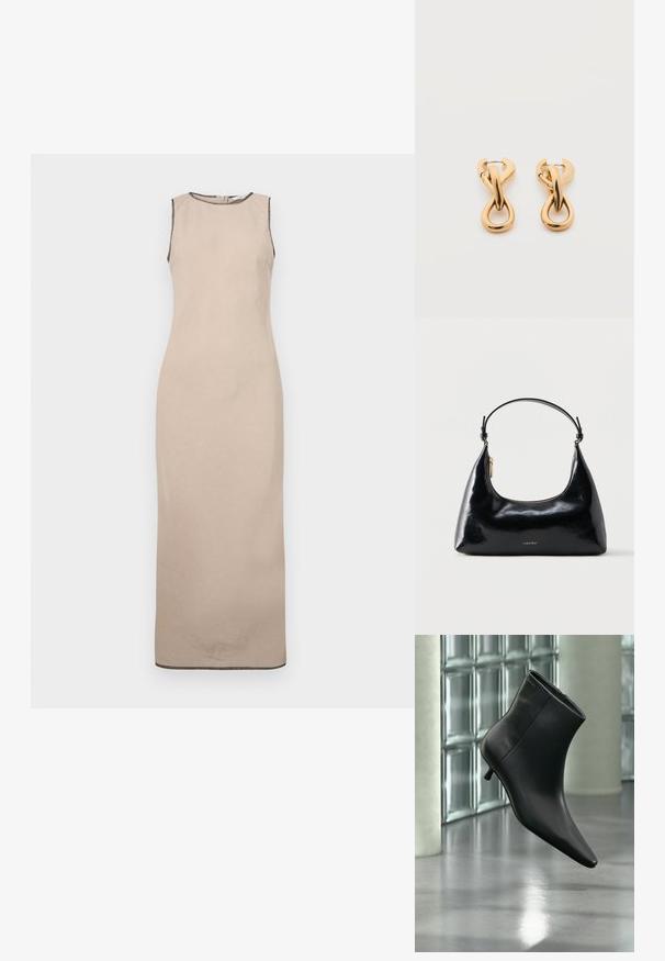 Beige ärmelloses Maxikleid mit glatter Textur, runder Halslinie und dezenter schwarzer Borte entlang der Kanten.; Schwarzer Leder-Stiefelette mit spitzer Zehenpartie und niedrigem Kitten-Heel, schräg dargestellt vor einem polierten Boden und einer Glasbausteinwand.; Schwarze, glänzende Calvin Klein Handtasche mit goldfarbenem Reißverschluss und kurzem Trageriemen vor schlichtem weißem Hintergrund.; Paar glänzende goldfarbene Creolen mit verschlungenem, verdrehtem Design auf schlichten weißem Hintergrund.