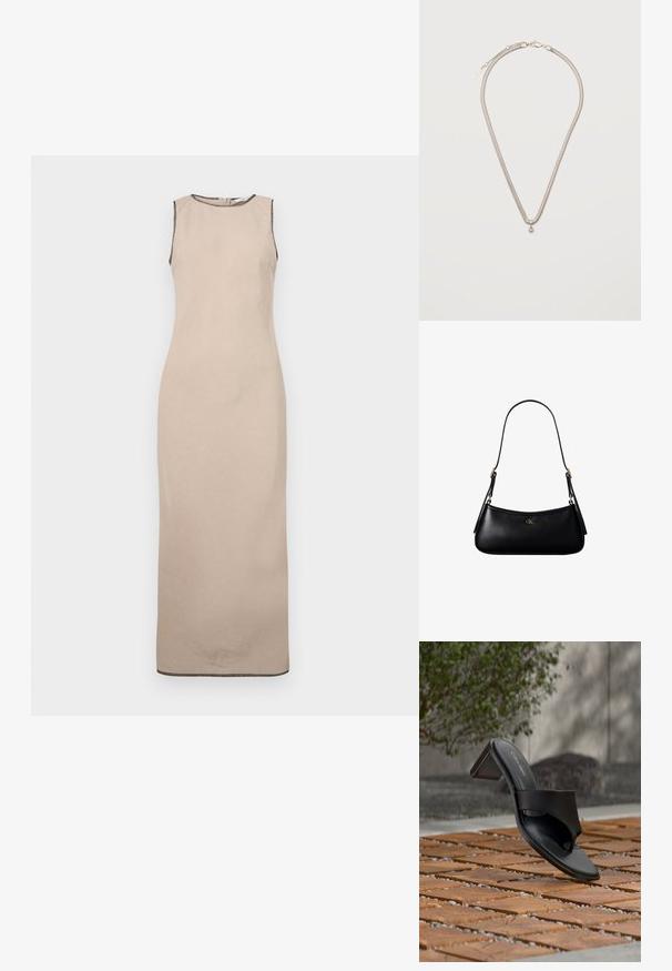 Robe maxi sans manches beige avec une texture lisse, présentant un décolleté rond et une discrète bordure noire le long des bords.; Sandale à talon noire Calvin Klein avec boucle pour l’orteil, posée sur un sol en carreaux de bois en extérieur, près d’un arbre et d’un mur en pierre.; Mini sac à bandoulière en cuir noir avec une fine bandoulière et un petit logo CK doré au centre avant.; Collier chaîne fine en argent avec un petit pendentif rond en argent, fermé par un fermoir mousqueton sur un fond blanc uni.