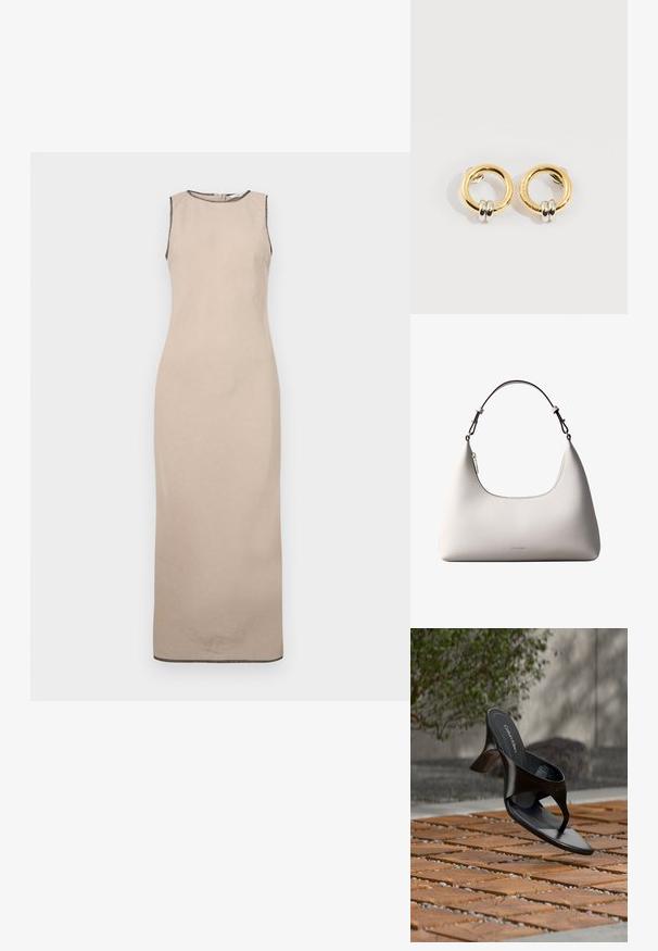 Robe maxi sans manches beige avec une texture lisse, présentant un décolleté rond et une discrète bordure noire le long des bords.; Sandale à talon noire Calvin Klein en forme de tongs flottant au-dessus d'une surface extérieure carrelée avec de la verdure et un mur en béton en arrière-plan.; Sac à bandoulière en cuir couleur crème de Calvin Klein avec bord supérieur incurvé, fermeture éclair argentée et sangle ajustable brun foncé.; Boucles d'oreilles circulaires en or avec deux petites bagues en argent sur chacune, affichant des détails subtils du nom de la marque gravé, posées sur un fond blanc.