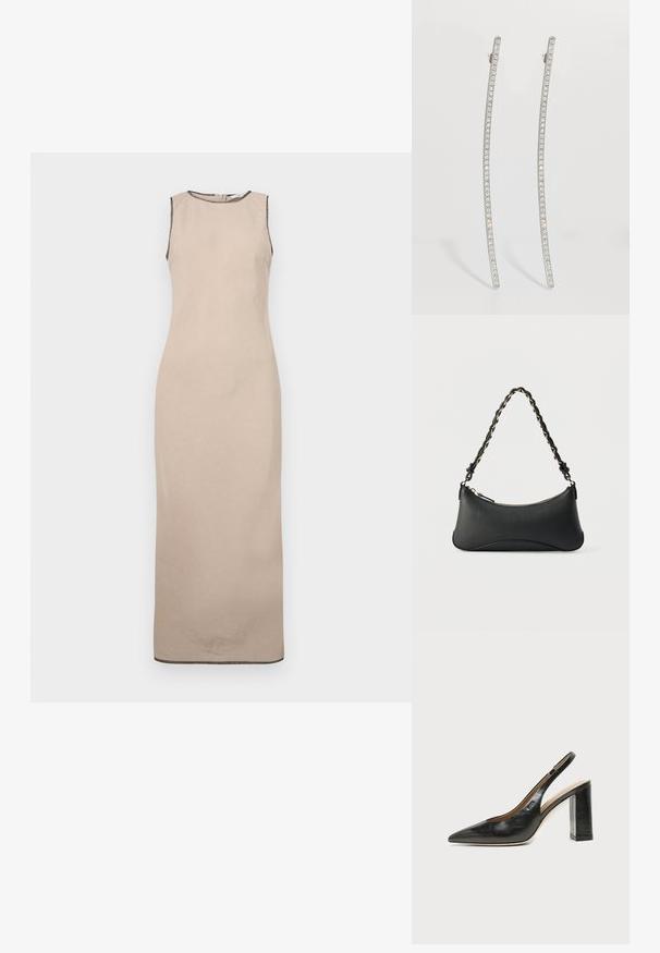 Beige ärmelloses Maxikleid mit glatter Textur, runder Halslinie und dezenter schwarzer Borte entlang der Kanten.; Schwarzer Leder-Slingback-Schuh mit spitzer Kappe, hohem Blockabsatz und beigegefüttertem Innenraum vor hellem, einfarbigem Hintergrund.; Schwarze Lederschultertasche mit gewölbter rechteckiger Form, goldener Kette, die in den geflochtenen schwarzen Riemen eingewebt ist, und Reißverschlussverschluss oben.; Silberne, verlängerte Ohrringe mit geschwungenem Design, die eine Reihe von klaren Kristallen entlang der äußeren Kanten aufweisen, um zusätzliche Funkelns zu verleihen.