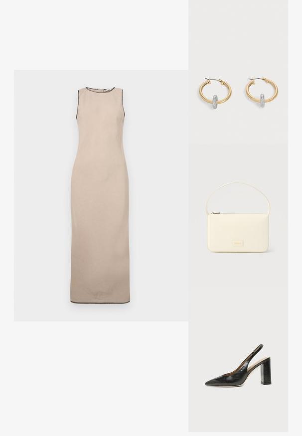 Robe maxi sans manches beige avec une texture lisse, présentant un décolleté rond et une discrète bordure noire le long des bords.; Chaussure slingback en cuir noir à bout pointu avec un talon bloc haut et une doublure intérieure beige sur un fond clair uni.; Sac à main rectangulaire de couleur crème avec une seule sangle et une fermeture éclair sur le dessus, comportant une petite plaque de logo embossé à l'avant.; Paire de boucles d'oreilles créoles dorées avec un petit détail boucle ton argent sur chaque, exposées sur fond gris clair.