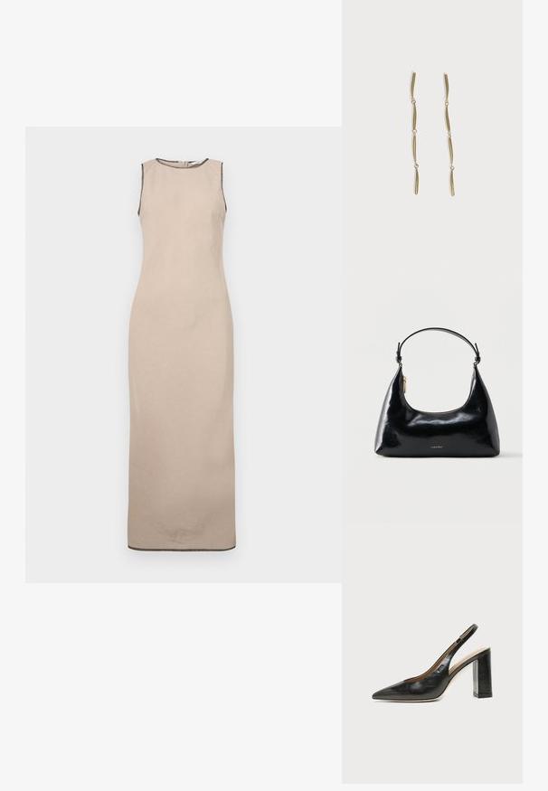 Robe maxi sans manches beige avec une texture lisse, présentant un décolleté rond et une discrète bordure noire le long des bords.; Chaussure slingback en cuir noir à bout pointu avec un talon bloc haut et une doublure intérieure beige sur un fond clair uni.; Sac à main Calvin Klein noir brillant avec fermeture éclair dorée et anse courte sur fond blanc uni.; Longues boucles d'oreilles en or composées de quatre barres incurvées allongées reliées entre elles sur fond blanc.