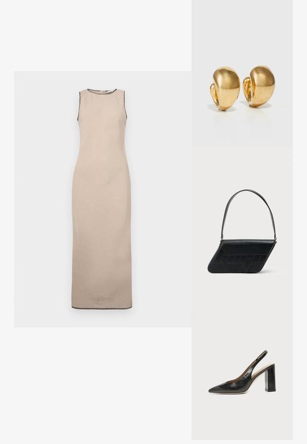Beige ærmeløs maxikjole med en glat tekstur, der har en rund halsudskæring og subtil sort kant langs kanterne.; Sort læder peep-toe slingback sko med høj blokhæl og beige indvendig foring mod en ensfarvet lys baggrund.; Sort skuldertaske i læder med trekantet form, præget logo og en enkelt justerbar rem. Minimalistisk design med glat tekstur.; Guldtonsøreringe med et glat, afrundet design og poleret finish. Har en clip-on stil for nem påføring.