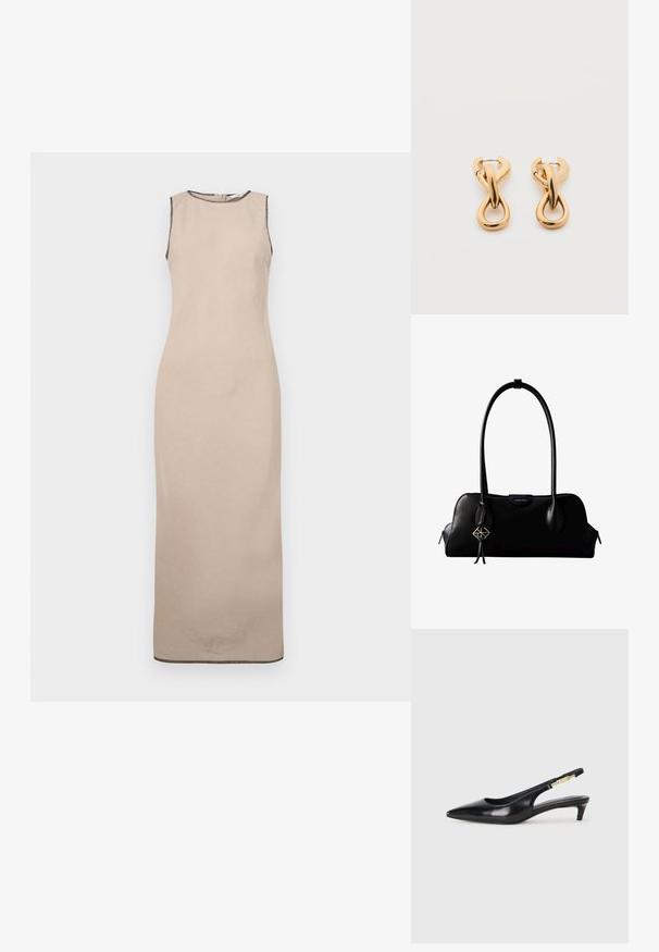 Beige mouwloze maxi-jurk met een zachte textuur, voorzien van een ronde halslijn en subtiele zwarte afwerking langs de randen.; Zwarte leren slingback hakken met een spitse neus, voorzien van een slanke hak en een goudkleurige accent op de verstelbare band. Gladde textuur.; Zwarte leren Calvin Klein handtas met lange hengsels, een logo-label aan de voorkant en een zilverkleurige geometrische hanger die aan één hengsel hangt.; Een paar glanzende oorringen in goudkleur met een lusvormige, gedraaide en verstrengelde ontwerp, afgebeeld op een eenvoudige witte achtergrond.