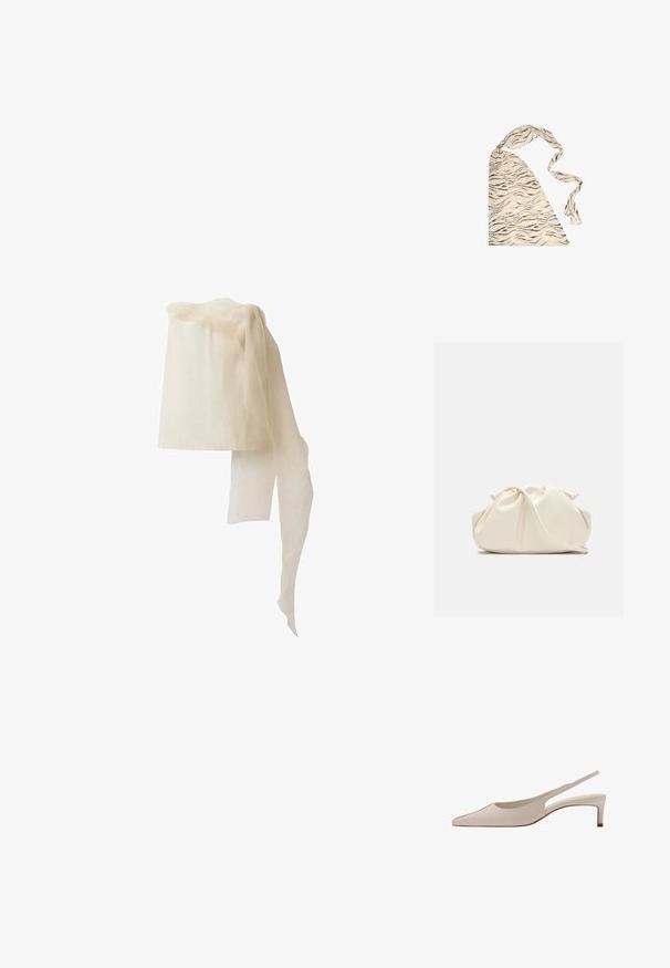 Linnen hoofddeksel in off-white, cilindrische vorm met een doorschijnende, vloeiende sjaal die over de bovenkant valt, met een zachte, transparante textuur.; Beige leren slingbackschoen met puntige neus en lage blokhak, van opzij getoond op een witte achtergrond.; Beige en zwarte driehoekige sjaal met tijgerstrepen en een lange dunne punt, plat gelegd op een witte achtergrond.; Zachte, crèmekleurige leren clutch met geplooid, gerimpeld ontwerp en een dunne schouderriem die vooraan op een effen achtergrond ligt.