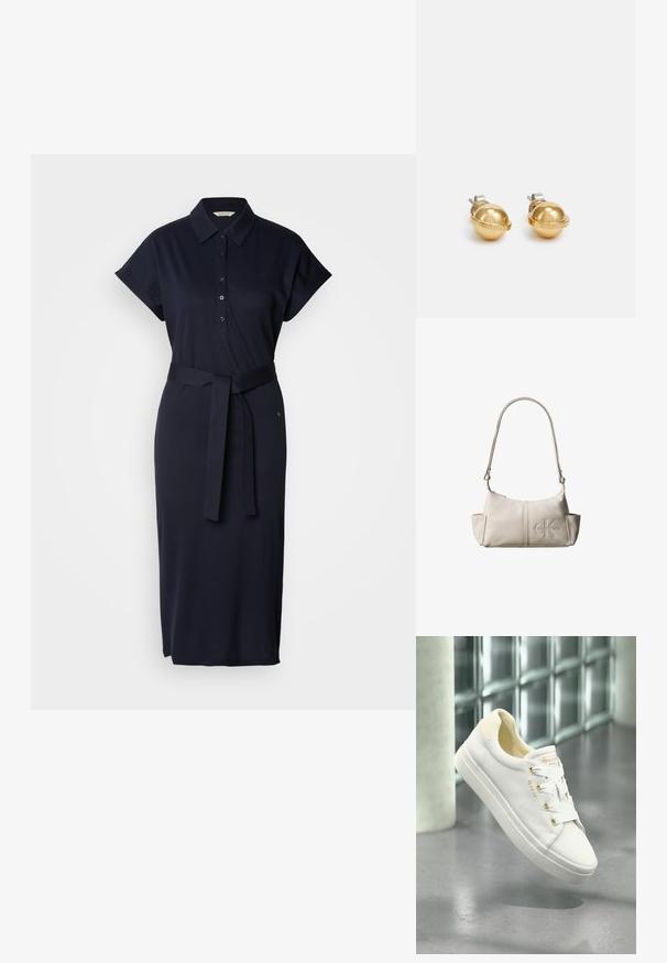 Marineblauwe polokleed gemaakt van een katoenmix, met korte mouwen, een kraag, knopen aan de voorkant en een bijpassende riem op de taille.; Witte leren sneakers met een gladde textuur, ronde neus en platte zool. Voorzien van gouden accenten en witte veters voor een veilige sluiting.; Kleine beige leren schoudertas met verstelbare riem en geperst Calvin Klein-logo aan de voorkant in het midden.; Gouden metalen studoorbellen met een domevorm, voorzien van een zilverkleurige clip achter en een reliëf merknaam detail. Gladde, glanzende oppervlakte.
