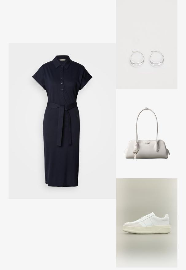 Marineblauwe polokleed gemaakt van een katoenmix, met korte mouwen, een kraag, knopen aan de voorkant en een bijpassende riem op de taille.; Witte lage sneaker met dikke crèmekleurige zool, veters aan de voorkant en suède teenkapdetail, afgebeeld op een beige achtergrond.; Witte Calvin Klein schoudertas met lange hengsels, rechthoekige vorm, ritssluiting en decoratieve logohanger bij het hengsel.; Zilveren creolen met een gepolijste afwerking en DKNY-branding, weergegeven tegen een effen witte achtergrond.