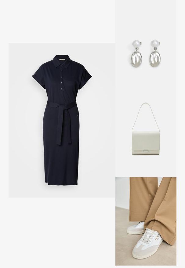 Marineblauwe polokleed gemaakt van een katoenmix, met korte mouwen, een kraag, knopen aan de voorkant en een bijpassende riem op de taille.; Witte sneakers met suède accenten, gestructureerde veters en een rubberen zool. Gecombineerd met losse beige broek. Logo zichtbaar aan de zijkant.; Calvin Klein ARCHIVE SHOULDER BAG SHINY - Handtas - ecru; Zilverkleurige metalen hanger oorbellen met een glad, ovaal ontwerp. Voorzien van een witte parelstud aan de bovenkant. Minimalistische en moderne esthetiek.