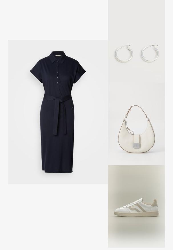Marineblauwe polokleed gemaakt van een katoenmix, met korte mouwen, een kraag, knopen aan de voorkant en een bijpassende riem op de taille.; Witte lage sneaker met beige accenten, veters en een gestructureerde zool, voorzien van merknaam "GANT" aan de zijkant.; Witte leren handtas met een gebogen vorm, contrasterende bruine accenten, een zilveren sluiting en een gestructureerde afwerking. Voorzien van een enkele schouderband.; Een paar middelgrote glanzende zilveren oorringen met dunne metalen sluitingen op een lichte neutrale achtergrond.