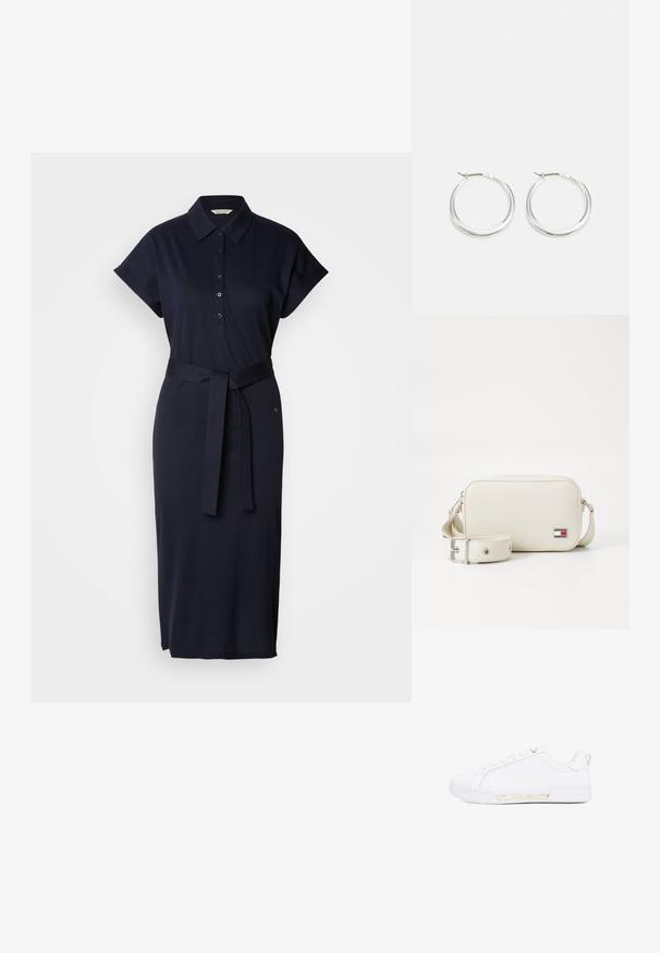 Marineblå polo-kjole lavet af bomuldsblanding, med korte ærmer, krave, frontknapper og et matchende bælte i taljen.; Hvide lædersneakers med en glat overflade, minimalistisk design, guldaccent på siden og en let ophøjet hvid gummisål.; Cremefarvet rektangulær håndtaske lavet af glat materiale, der har en aftagelig rem og et lille logopatch med røde og blå accenter.; Sølv hoops øreringe har et glat, afrundet design med en slank profil og sikker spænde. Minimalistisk stil med en poleret finish.