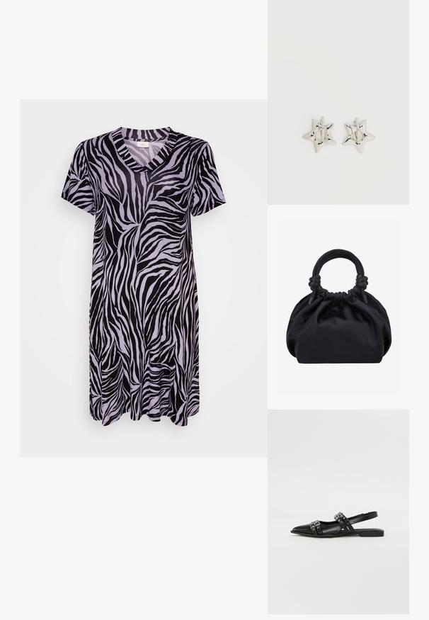 Lühikeste varrukatega musta ja heledat lillat zebra mustriga kleit, millel on V-kaelus ja voolav siluett pehme ja siledana kangas.; Even&Odd by Zalando Kannarihmaga baleriinad - black; Mustast pehmest kangast käekott kroogitud ülaosaga ja ümarate polsterdatud käepidemetega, mis on kummalgi küljel sõlmedega seotud.; Hõbedast tähekujulised rõngaskõrvarõngad, millel on sile ja poleeritud viimistlus, tavalise valge taustaga.