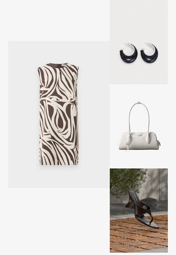 Ærmeløs kjole i creme og brun med et virvlende bladmønster. Har en høj halsudskæring og en lynlåslukning bagpå. Fremstillet af struktureret stof.; Brun Calvin Klein hælet thong sandal svævende over træflise og grus udendørs med sløret grønt og stenmur i baggrunden.; Hvid Calvin Klein skuldertaske med lange håndtag, rektangulær form, lynlåslukning og dekorativt logohæng tæt på håndtaget.; Sorte harpiks hoops øreringe med en skinnende overflade og silvertone hardware detaljer. Cirkulær form med en udskæring og stift-bagside lukning.