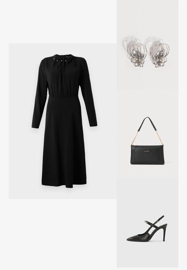 Schwarzes langärmliges Kleid mit gerafftem Ausschnitt, mittigen Knöpfen und einem ausgestellten Rock. Hergestellt aus glattem Stoff, knielanges Design.; Schwarze Slingback-Pumps aus Leder mit spitz zulaufender Spitze, Cut-Out-Design und verstellbarem Riemen mit metallischem Beschlag.; Schwarze Ledertasche mit einer Kieseloberfläche, goldener Kettenriemen und einer Fronttasche. Auf der Vorderseite befindet sich ein goldenes Logo.; Paar silberne Metallohrstecker mit offenem Drahtkäfig-Design und glatten zentralen ovalen Formen, die geschwungene Schatten auf einem weißen Hintergrund werfen.