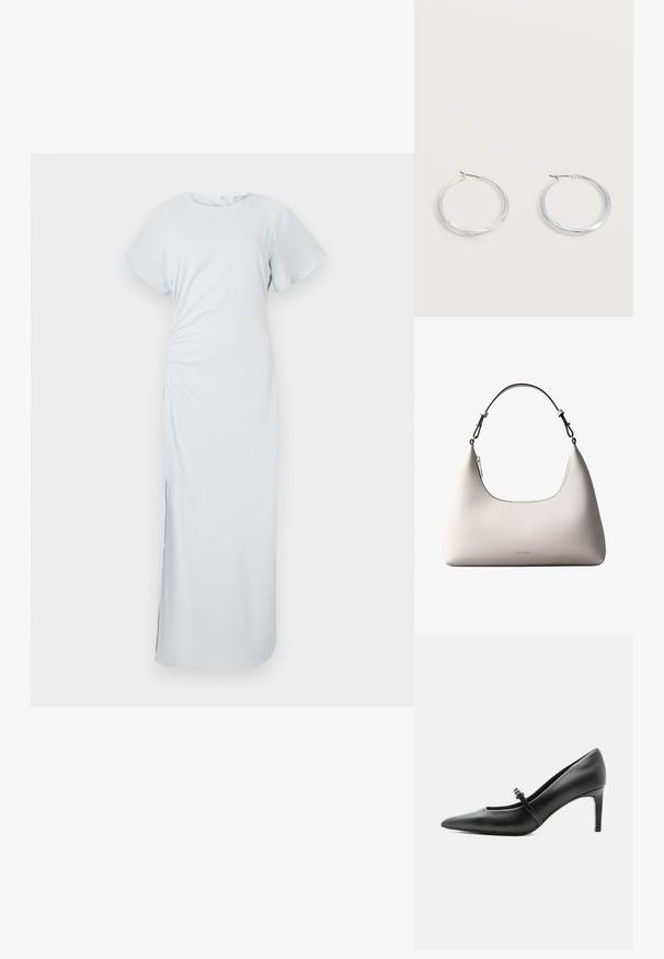 Vestido de azul claro, hasta la rodilla, con escote redondo, mangas cortas y acampanadas, fruncido en los laterales y una sutil abertura en el dobladillo, hecho de una tela suave.; Zapato de tacón alto de cuero negro con punta puntiaguda, con tira fina y hebilla sobre el empeine, sobre fondo claro y neutro.; Bolso de hombro de cuero color crema de Calvin Klein con borde superior curvado, cremallera plateada y correa ajustable marrón oscuro.; Pendientes de aro de metal plateado con superficie lisa y ligeramente curvada y cierre de tipo mosquetón sobre un fondo blanco liso.