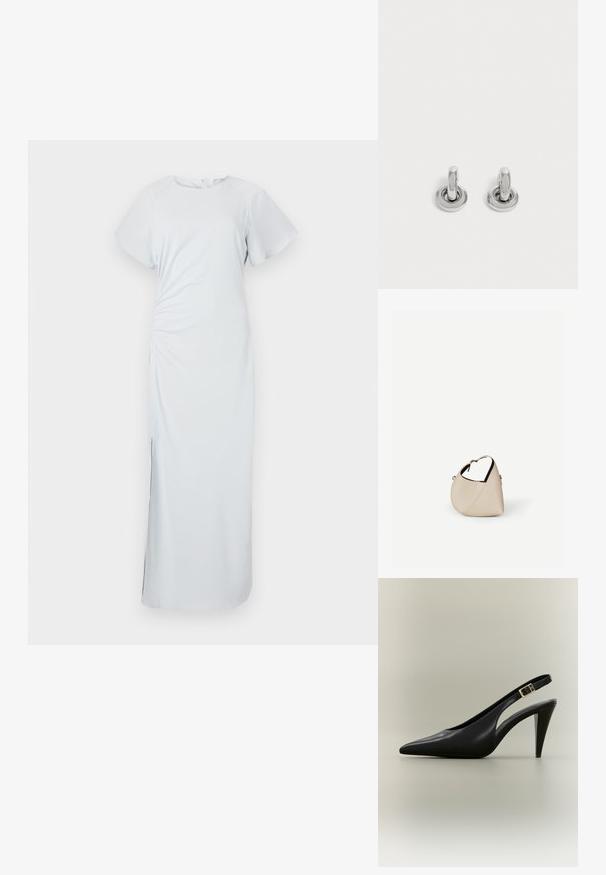 Lichtblauwe jurk tot de knie met een ronde halslijn, korte fluttermouwen, zijrimpeling en een subtiele split aan de zoom, gemaakt van een gladde stof.; Zwarte leren slingback pumps met een puntige neus, een gouden gesp en een taps toelopende hak tegen een neutrale achtergrond.; Beige leren handtas in halvemaanvorm met een enkele schouderband en minimale stiksels, afgebeeld tegen een effen witte achtergrond.; Een paar kleine, glanzende zilveren creolen met een ronde basis, afgebeeld op een effen lichte achtergrond.