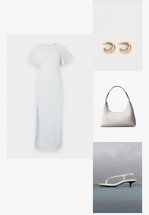 Vestido de azul claro, hasta la rodilla, con escote redondo, mangas cortas y acampanadas, fruncido en los laterales y una sutil abertura en el dobladillo, hecho de una tela suave.; Sandalia blanca de tacón kitten con tiras y punta afilada, flotando sobre un suelo de baldosas de madera al aire libre, con un fondo desenfocado de plantas y pared.; Bolso de hombro de cuero color crema de Calvin Klein con borde superior curvado, cremallera plateada y correa ajustable marrón oscuro.; Dos pendientes de aro dorados brillantes en un diseño curvado, con acentos naranjas cerca del poste, sobre un fondo blanco liso.
