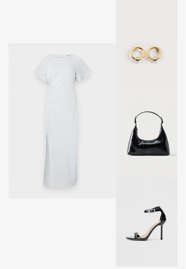 Lys blå, knælang kjole med rund halsudskæring, korte flutterærmer, sidelægning og en diskret slids i kanten, lavet af glat stof.; Sort højhælet sandal i laklæder med ankelrem. Har minimalistisk design, åben tå og spænde med rhinsten-detaljer.; Sort blank Calvin Klein håndtaske med gyldent lynlås og kort rem mod en ensfarvet hvid baggrund.; Guld cirkulære øreringe med to små sølv-ringe på hver, der viser subtile indgraverede mærkenavne detaljer, sat på en hvid baggrund.