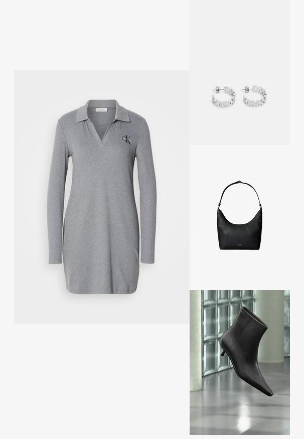 Vestido polo de manga larga gris, hecho de un material suave, con cuello en V y un pequeño logo bordado en el lado izquierdo del pecho.; Bota de cuero negro para el tobillo con puntera puntiaguda y tacón pequeño, exhibida frente a una pared de bloques de vidrio y un suelo pulido.; Bolso de hombro de cuero negro texturizado con una sola correa y un pequeño logo de Calvin Klein en el centro delantero.; Pendientes de aro de plata con un diseño geométrico que presenta eslabones rectangulares entrelazados, acabado pulido y cierre de botón.