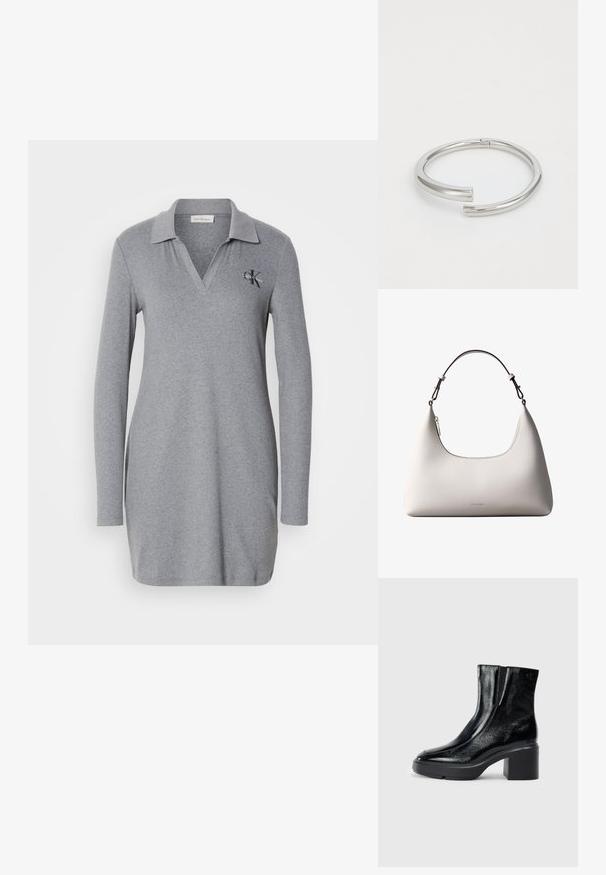Vestido polo de manga larga gris, hecho de un material suave, con cuello en V y un pequeño logo bordado en el lado izquierdo del pecho.; Botas de tobillo de charol negro con puntera curva, paneles laterales elásticos y un tacón ancho. Presentan un logo embosado en la parte posterior.; Bolso de hombro de cuero color crema de Calvin Klein con borde superior curvado, cremallera plateada y correa ajustable marrón oscuro.; Calvin Klein SPIRAL - Pulsera - silver-coloured