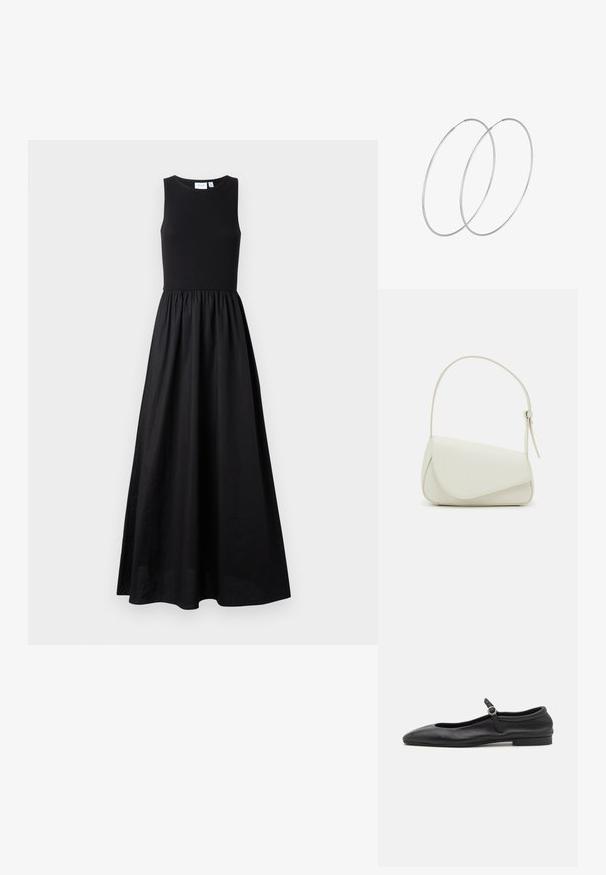 Schwarzes ärmelloses Maxikleid mit tailliertem Oberteil und gerafftem Rock, aus einem glatten Stoff mit leichtem Glanz. Etikett sichtbar am Ausschnitt.; Schwarze Leder-Ballettschuhe mit einer abgerundeten Zehe, schmalem Vorderblatt und einem kleinen Knöchelriemen mit einer runden Schnalle. Niedrige, flache Sohle.; Weiße Kunstleder-Handtasche mit einer strukturierten dreieckigen Form, einem verstellbaren Einzelgurt und einem Klappenverschluss mit geschwungenen Akzenten.; Silberne Creolen mit minimalistischem Design. Rundform, glatte Oberfläche und dünnes Profil. Leichtgewichtig mit hochglänzender Oberfläche.