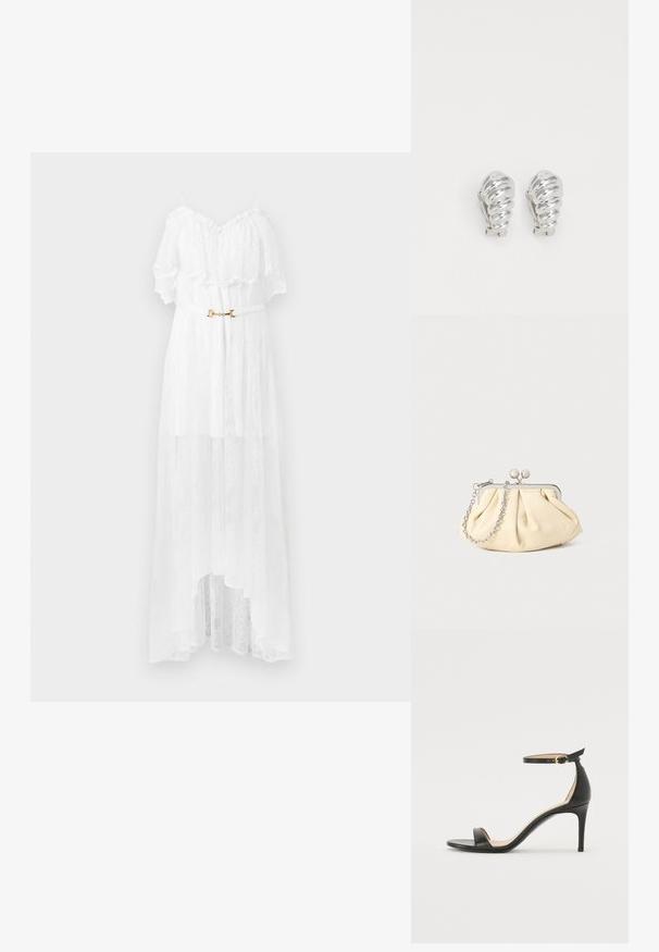 Robe blanche en dentelle épaules dénudées avec des volants, une ceinture à boucle dorée et un ourlet asymétrique.; Sandale à talons hauts en cuir noir avec une lanière de cheville. Présente une texture lisse, un bout ouvert et un talon fin. Détail de boucle en ton doré.; Pochette en cuir beige plissé avec un cadre en métal argenté, dotée de deux fermoirs ronds décoratifs et d'une chaîne en argent.; Boucles d'oreilles en clip argentées avec un design en spirale, présentant une texture métallique lisse et des formes arrondies. Pas d'embellissements ou de motifs visibles.