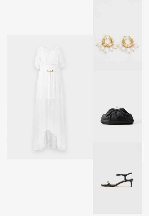 Robe blanche en dentelle épaules dénudées avec des volants, une ceinture à boucle dorée et un ourlet asymétrique.; Sandale noire en cuir à talon avec bride à la cheville, bout ouvert, devant carré et accent en métal argenté. Design ajusté avec un profil élégant.; Pochette en cuir noir avec une texture plissée, fermeture à fermoir métallique, et logo embossé discret sur le devant. Forme arrondie.; Boucles d'oreilles en or en forme de créoles, ornées de trois perles blanches pendantes, maintenues par des accents en fil. Fini métallique lisse avec un aspect poli.