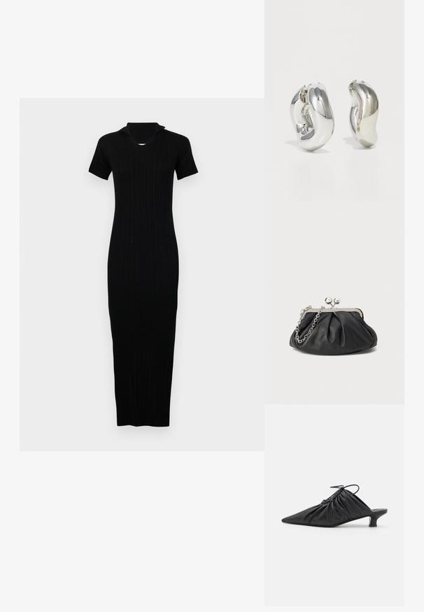 Schwarzes, geripptes Strickkleid mit taillierter Silhouette, kurzen Ärmeln und einem dezenten Kragen. Langer Schnitt mit strukturierten Stoffdetails.; Schwarze Leder-Mules zum Hineinschlüpfen mit spitzer Zehe, geraffter Textur und kleinem Kitten-Heel. Verfügt über ein Zugbanddetail am Öffnung.; Schwarze Leder-Clutch mit geraffter Textur, silberfarbener Metallrahmen, Druckverschluss und Kettenriemen. Glatte, weiche Oberfläche.; Silberne skulpturale Ohrringe mit glatten, geschwungenen Formen und reflektierenden Oberflächen. Sie verfügen über ein geschlossenes Ringdesign und eine ausgeprägte organische Form.
