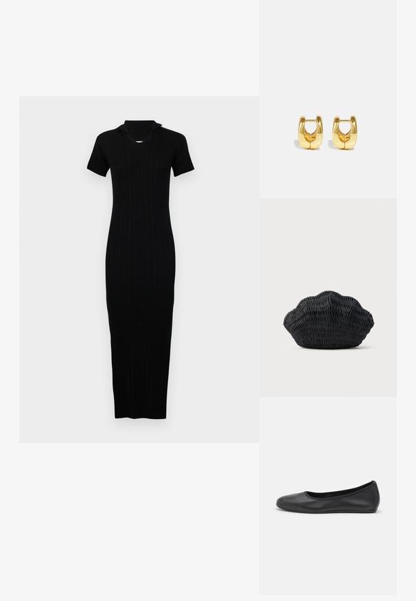 Schwarzes, geripptes Strickkleid mit taillierter Silhouette, kurzen Ärmeln und einem dezenten Kragen. Langer Schnitt mit strukturierten Stoffdetails.; Schwarze Leder-Ballettschuhe mit abgerundeter Spitze, glatter Textur, minimalen Nähdetails und einem flexiblen Sohlen-Design.; Schwarze Korbtasche in Muschelform mit gebogenem Oberteil und gewebter Textur auf einfarbigem Hintergrund.; Goldene Creolen mit einem schlanken, abgerundeten Design. Sie verfügen über eine hohle Mitte und eine glänzende Oberfläche, die moderne Stile ergänzen.