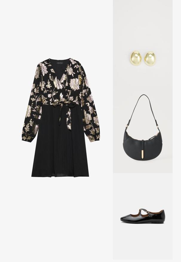 Schwarzes Kleid mit langen Ärmeln, das mit goldener und silberner floralem Stickerei auf der Oberseite verziert ist. Mit einem glatten Stoffrock, der an der Taille gebunden ist.; Schwarzer Mary Jane flacher Schuh aus Lackleder mit zwei Ausstanzungen und einem goldfarbenen Schnallenriemen auf weißem Hintergrund.; Schwarze halbmondförmige Handtasche mit einem einzelnen Träger, goldenem Reißverschluss und einer goldenen rechteckigen dekorativen Lasche vorne.; Goldfarbene Metallstanzohrringe mit einer glatten, abgerundeten Form und polierter Oberfläche. Einfaches Design ohne zusätzliche Verzierungen.