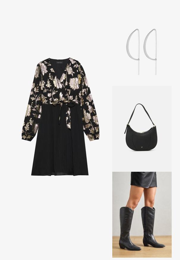Schwarzes Kleid mit langen Ärmeln, das mit goldener und silberner floralem Stickerei auf der Oberseite verziert ist. Mit einem glatten Stoffrock, der an der Taille gebunden ist.; Schwarze knielange Stiefel aus glattem Leder, mit spitzem Zehenbereich, niedrigem Blockabsatz und seitlichem Reißverschluss für ein einfaches Anziehen.; Schwarze Lederhandtasche mit geschwungenem Design, strukturiertem Material, vorderen Nähten und einem Logo in Goldtönen. Verfügt über einen einzelnen verstellbaren Tragegurt.; Silberne Ohrringe aus Metall mit einem minimalistischen geschwungenen Design, das verlängerte, offene Tropfenformen mit einer matten Oberfläche aufweist.