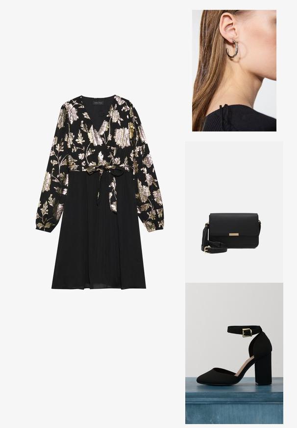 Schwarzes Kleid mit langen Ärmeln, das mit goldener und silberner floralem Stickerei auf der Oberseite verziert ist. Mit einem glatten Stoffrock, der an der Taille gebunden ist.; Schwarzer Hochhackiger Schuh mit glatter Textur, spitzem Zehenbereich und dicker Blockabsatz. Mit einem Knöchelriemen und einer goldfarbenen Schnalle.; Schwarze Leder-Crossbody-Tasche mit Klappenverschluss, goldenen Beschlägen, verstellbarem Tragegurt und strukturiertem Material. Kompakte, rechteckige Form.; Silberne Creolen mit polierter Oberfläche, die kleine goldene Akzentdetails und eine runde Form aufweisen, am Ohrläppchen getragen.