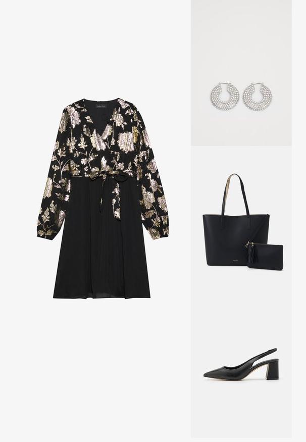 Vestido negro con mangas largas, que presenta bordado floral en oro y plata en la parte superior. Se ata en la cintura con una falda de tela suave.; Zapato de tacón slingback negro de cuero con punta afilada, diseño recortado y tacón grueso. Textura suave con una estética minimalista.; Bolsa tote negra con material texturizado, dos asas largas y un bolso con cremallera removible que cuenta con un detalle de borlas. Logo de la marca en dorado visible.; Aros de plata en forma de aro adornados con múltiples embellishments de cristal transparente, con una superficie texturizada y un diseño circular abierto.