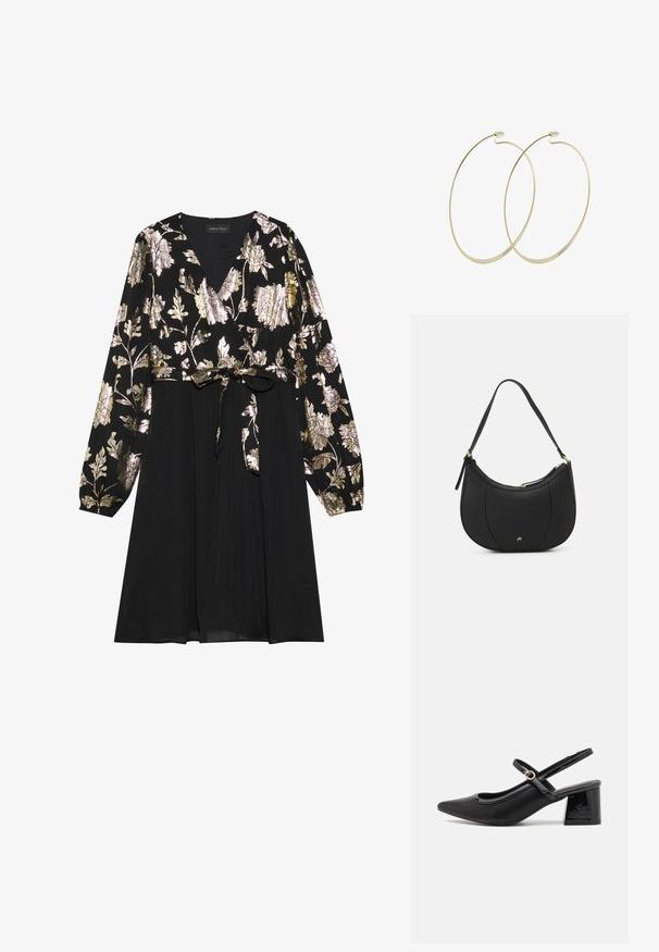 Schwarzes Kleid mit langen Ärmeln, das mit goldener und silberner floralem Stickerei auf der Oberseite verziert ist. Mit einem glatten Stoffrock, der an der Taille gebunden ist.; Schwarze Lackleder-Slingback-Absätze mit spitzer Zehenform, einem runden Ausschnitt-Design und einem Blockabsatz. Mit einem goldfarbenen Schnallenakzent.; Schwarze Lederhandtasche mit geschwungenem Design, strukturiertem Material, vorderen Nähten und einem Logo in Goldtönen. Verfügt über einen einzelnen verstellbaren Tragegurt.; Pilgrim Ohrringe - gold-coloured