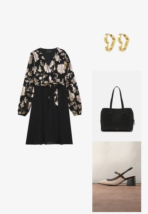 Sort kjole med lange ærmer, prydet med guld- og sølvfarvet blomsterbroderi på toppen. Bånd i taljen med en glat stofnederdel.; Beige høje hæle slingback-sko med spids tå, sort kant og spænde detalje. Glat materiale med mat finish, mellemstor blokhæl.; Sort tote bag lavet af tekstureret læder, med to lange håndtag, lynlås lukning og diskrete guldfarvede detaljer på hardware.; Par polerede guldfarvede hoop-øreringe med ujævn bølget form, graveret med "PILGRIM" på indersiden.