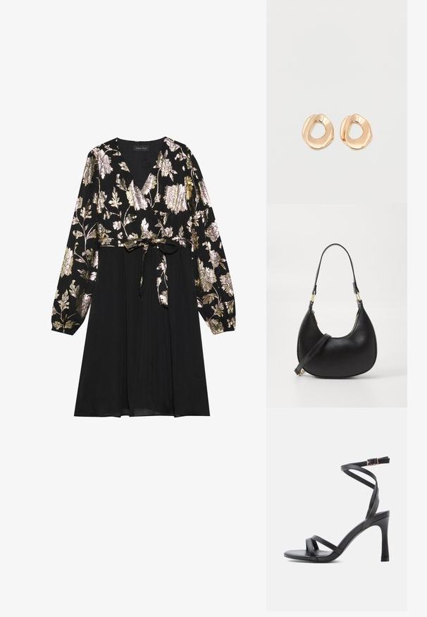 Schwarzes Kleid mit langen Ärmeln, das mit goldener und silberner floralem Stickerei auf der Oberseite verziert ist. Mit einem glatten Stoffrock, der an der Taille gebunden ist.; Schwarze Sandaletten mit hohem Absatz und schlankem Design, ausgestattet mit zwei schmalen Riemen über den Zehen und einem gekreuzten Knöchelriemen mit Schnalle.; Schwarze Lederhandtasche mit geschwungener Form, ausgestattet mit einem oberen Reißverschluss, einem kurzen Griff und einem abnehmbaren Schulterriemen. Goldene Hardware-Akzente.; Paar unregelmäßig geformter, polierter Creolen aus goldfarbenem Metall mit offenem Zentrum auf weißem Hintergrund.