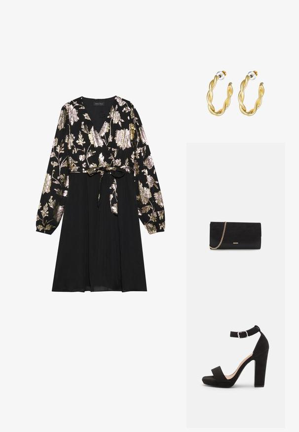 Zwarte jurk met lange mouwen, voorzien van gouden en zilveren bloemborduursels aan de bovenkant. Vetersluiting in de taille met een gladde stoffen rok.; Anna Field by Zalando Sandalen - black; Zwarte clutch tas gemaakt van suede met een textuurafwerking, voorzien van een gouden schouderband en een strakke, hoekige vorm.; Gouden gedraaide oorringen met een gladde afwerking, voorzien van een transparante achterkant en goudkleurige hardware.