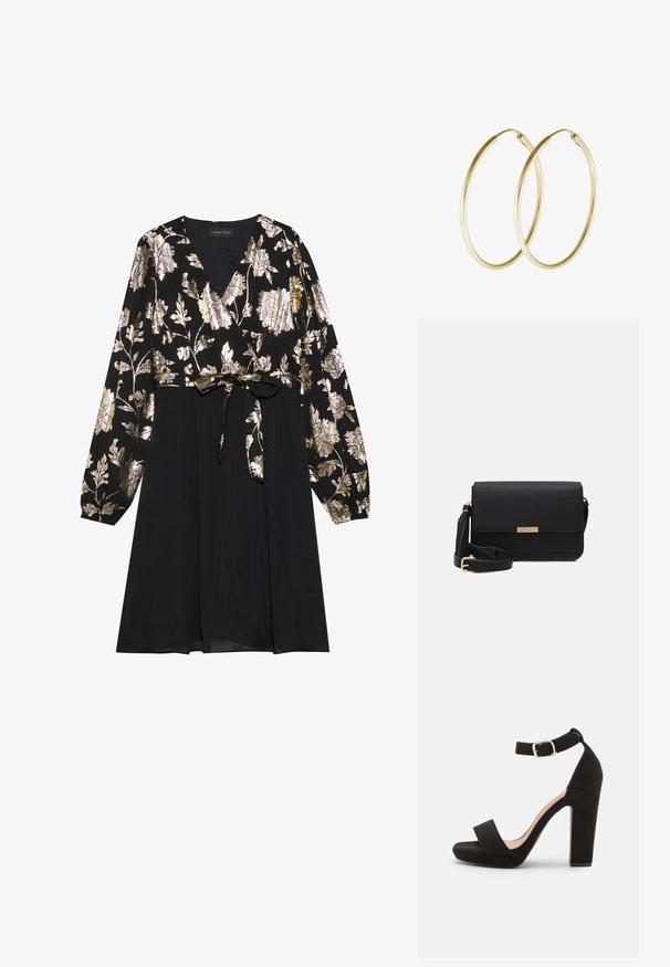 Schwarzes Kleid mit langen Ärmeln, das mit goldener und silberner floralem Stickerei auf der Oberseite verziert ist. Mit einem glatten Stoffrock, der an der Taille gebunden ist.; Anna Field by Zalando Riemensandalette - black; Schwarze Leder-Crossbody-Tasche mit Klappenverschluss, goldenen Beschlägen, verstellbarem Tragegurt und strukturiertem Material. Kompakte, rechteckige Form.; Goldene Creolen mit einem glatten, abgerundeten Design und einem glänzenden Finish. Leichte Bauweise mit einem sicheren Verschluss.