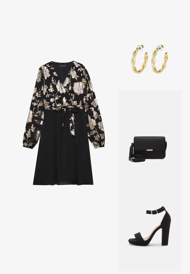 Schwarzes Kleid mit langen Ärmeln, das mit goldener und silberner floralem Stickerei auf der Oberseite verziert ist. Mit einem glatten Stoffrock, der an der Taille gebunden ist.; Anna Field by Zalando Riemensandalette - black; Schwarze Leder-Crossbody-Tasche mit Klappenverschluss, goldenen Beschlägen, verstellbarem Tragegurt und strukturiertem Material. Kompakte, rechteckige Form.; Goldene, gedrehte Creolen mit glatter Oberfläche, ausgestattet mit transparentem Rücken und goldfarbenen Beschlägen.