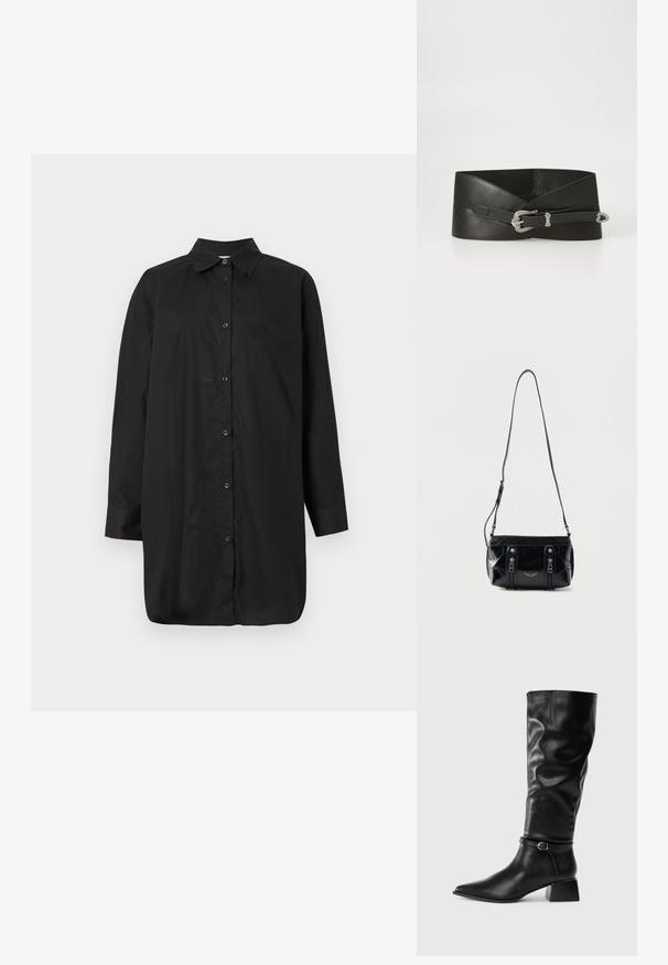 Chemise noire à boutons en tissu lisse, dotée d'un col classique, de manches longues et d'une coupe décontractée avec un ourlet droit.; Bottine en cuir noire mi-mollet avec un petit talon carré, bout pointu et une sangle décorative à la cheville avec une boucle en argent sur fond uni.; Sac à bandoulière en cuir noir avec sangle réglable, deux fermetures éclair verticales sur le devant et un petit emblème métallique en forme d'aile sous les fermetures éclair.; Ceinture en cuir noir au design large. Elle dispose d'une boucle décorative en argent et d'une finition texturée. Longueur ajustable avec un système de fermeture simple.