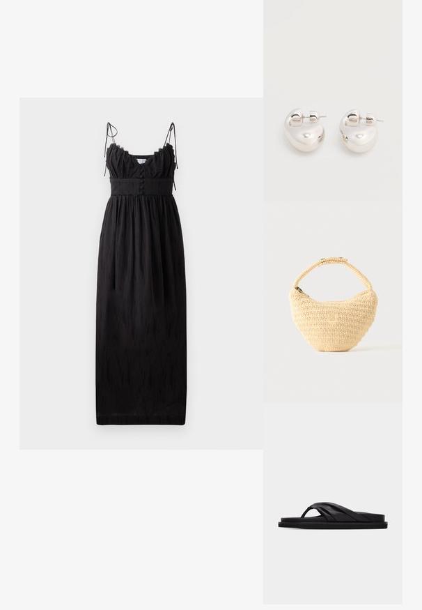 Robe maxi noire avec des fines bretelles réglables, un décolleté froncé et des détails de boutons à la taille. Fabriquée en tissu léger avec une texture subtile.; Sandale plate noire avec bride croisée rembourrée et entre-doigt, design minimaliste sur fond gris clair uni.; Sac à main beige tissé avec corps arrondi, fermeture éclair et une sangle courte et épaisse dans un style crochet simple et texturé.; Paire de boucles d'oreilles argentées brillantes et épaisses avec fermoirs à tige, sur fond blanc uni.