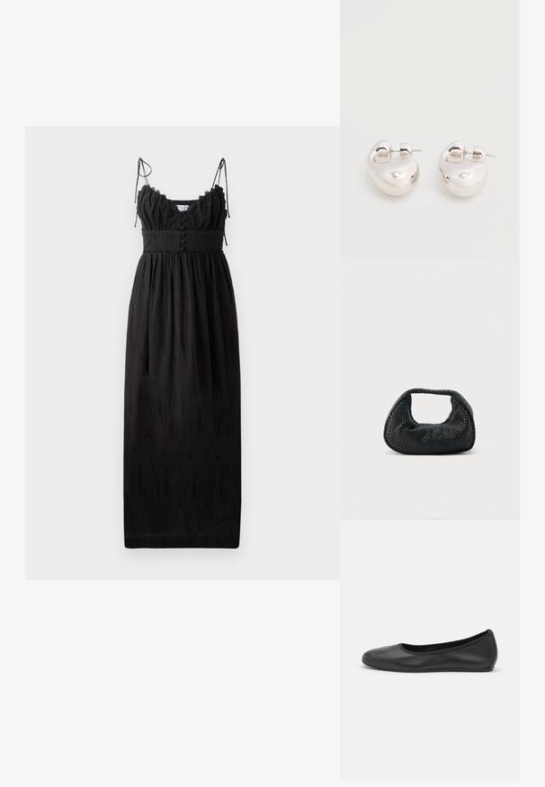 Vestido maxi negro con finas tirantes ajustables, escote con volantes y detalles de botones en la cintura. Hecho de una tela ligera con una textura sutil.; Bailarina de piel negra con punta redondeada, textura suave, detalle de costura minimalista y diseño de suela flexible.; Bolso hobo tejido negro con estructura suave y asa integrada, exhibido sobre un fondo liso y claro.; Par de pendientes llamativos de aro grueso plateado brillante con cierre de poste sobre un fondo blanco liso.