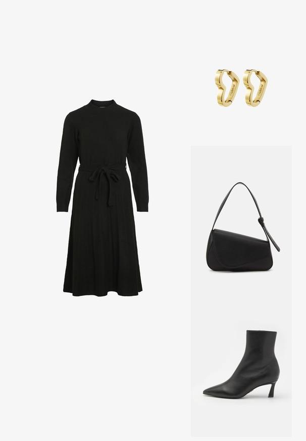 Schwarzes Strickkleid mit hohem Halsausschnitt, langen Ärmeln und einem Bindegürtel in der Taille, das einen ausgestellt Rock und eine gerippte Textur aufweist.; Steve Madden LULAH - Ankle Boot - black; Schwarze Lederhandtasche mit dreieckiger Form, schrägem Klappdeckel und rundem Oberhandgriff. Verfügt über eine glatte Textur und minimalistische Designdetails.; Paar polierte goldfarbene Creolen mit unregelmäßiger wellenförmiger Form, innen mit "PILGRIM" graviert.