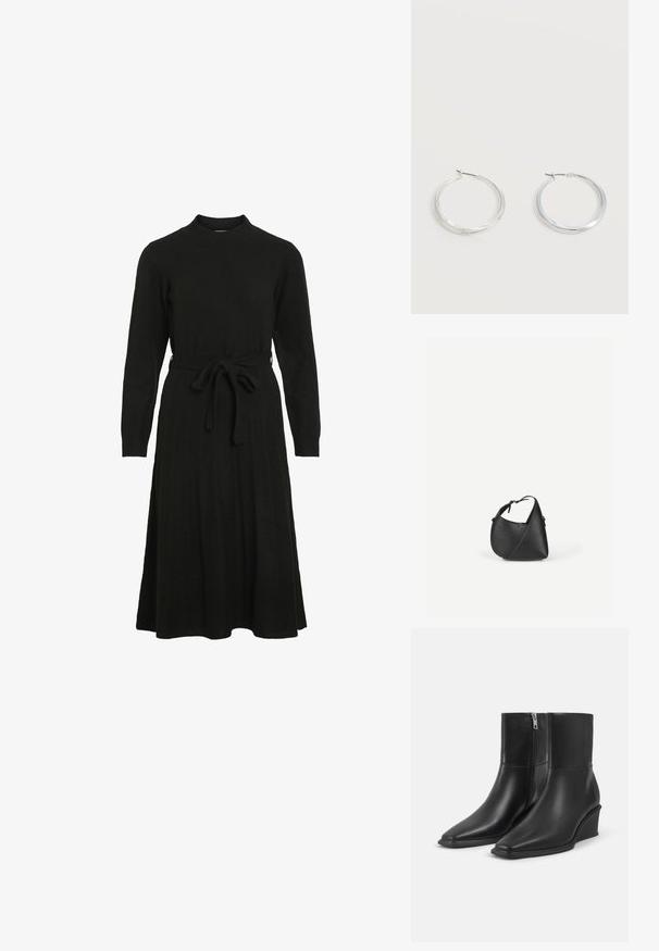 Schwarzes Strickkleid mit hohem Halsausschnitt, langen Ärmeln und einem Bindegürtel in der Taille, das einen ausgestellt Rock und eine gerippte Textur aufweist.; Paar schwarze Leder-Stiefeletten mit spitzen Zehen, Keilabsätzen und seitlichen Reißverschlussverschlüssen auf einfachem hellem Hintergrund.; Schwarze Leder-Umhängetasche mit abgerundeter dreieckiger Form und verstellbarem Riemen vor einem schlichten hellen Hintergrund.; Silberne Metallcreolen mit glatter, leicht gebogener Oberfläche und Klappverschluss vor schlicht weißem Hintergrund.