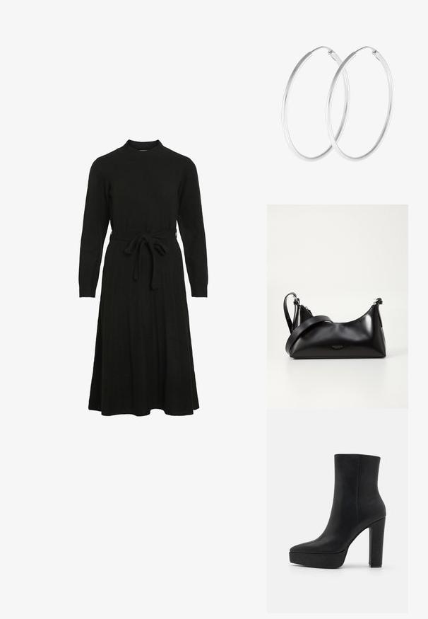Schwarzes Strickkleid mit hohem Halsausschnitt, langen Ärmeln und einem Bindegürtel in der Taille, das einen ausgestellt Rock und eine gerippte Textur aufweist.; Schwarzer Knöchelstiefel aus strukturiertem Leder, mit spitzer Zehenpartie, einer massiven Plateau-Sohle und einem hohen Blockabsatz. Glatte Oberfläche, minimalistische Details.; Schwarze lederne Handtasche mit glatter Textur. Verfügt über einen verstellbaren Riemen und ein elegantes, minimalistisches Design mit einem Reißverschluss.; Silberfarbene Creolen mit einer glatten, runden Form und einer polierten Oberfläche. Beide Ohrringe haben die gleiche Größe und verfügen über einen sicheren Verschlussmechanismus.