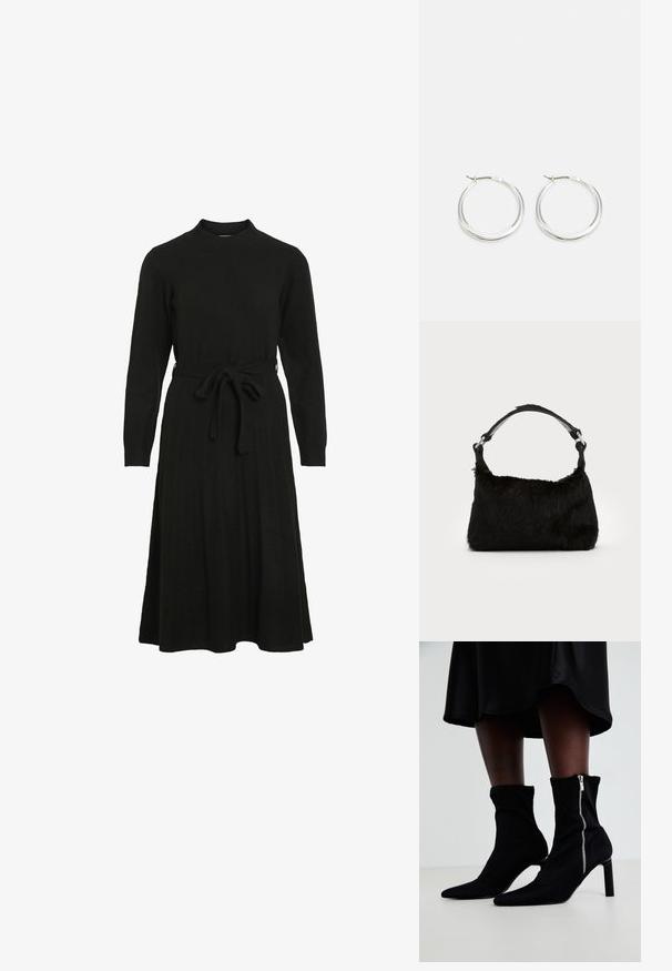Schwarzes Strickkleid mit hohem Halsausschnitt, langen Ärmeln und einem Bindegürtel in der Taille, das einen ausgestellt Rock und eine gerippte Textur aufweist.; Schwarze Ankle-Boots mit einem dehnbaren Stoff-Oberteil, spitzem Zehenbereich und seitlichem Reißverschluss, auf einem schlanken, hohen Absatz.; Schwarze Kunstfell-Handtasche mit weicher Textur, runder Form und einem stabilen schwarzen Leder-Schulterriemen. Sichtbare silberne Hardware-Akzente.; Silberne Creolen zeichnen sich durch ein glattes, rundes Design mit einem schlanken Profil und einem sicheren Verschluss aus. Minimalistischer Stil mit glänzender Oberfläche.