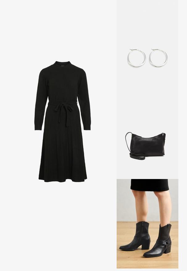 Schwarzes Strickkleid mit hohem Halsausschnitt, langen Ärmeln und einem Bindegürtel in der Taille, das einen ausgestellt Rock und eine gerippte Textur aufweist.; Schwarze Leder-Stiefeletten mit spitzem Zehenbereich, Reißverschluss, geschwungenem Absatz und einem dekorativen Riemen mit metallischen Akzenten.; Schwarze Ledertasche für die Schulter mit glatter Textur, geschwungener Form, verstellbarem Tragegurt und Reißverschluss. Minimalistisches Design ohne Verzierungen.; Silberne Creolen zeichnen sich durch ein glattes, rundes Design mit einem schlanken Profil und einem sicheren Verschluss aus. Minimalistischer Stil mit glänzender Oberfläche.