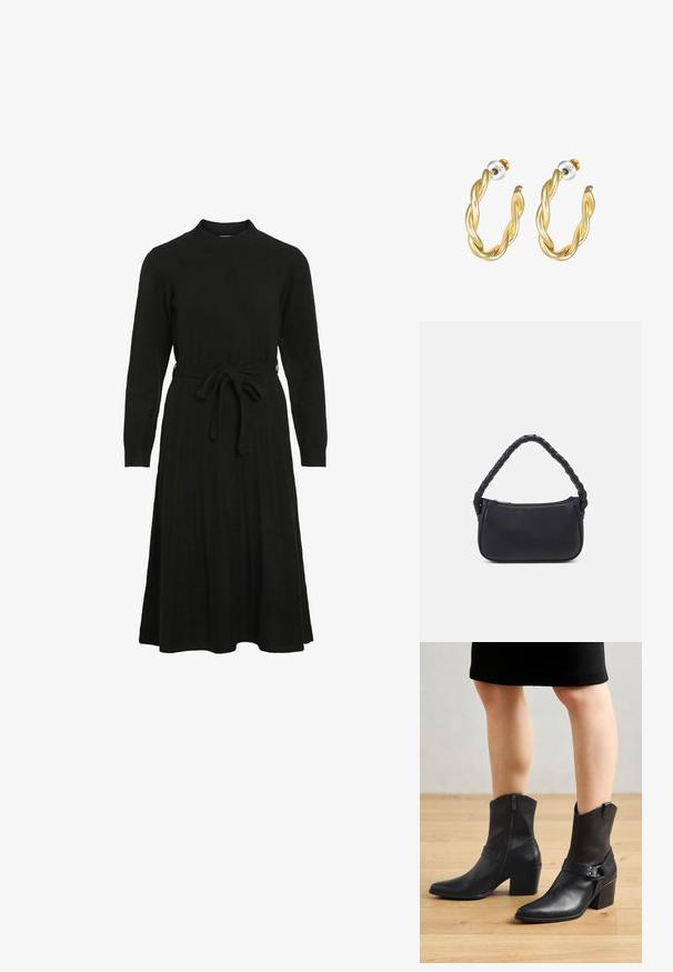 Schwarzes Strickkleid mit hohem Halsausschnitt, langen Ärmeln und einem Bindegürtel in der Taille, das einen ausgestellt Rock und eine gerippte Textur aufweist.; Schwarze Leder-Stiefeletten mit spitzem Zehenbereich, Reißverschluss, geschwungenem Absatz und einem dekorativen Riemen mit metallischen Akzenten.; Schwarze Handtasche mit runder Form, aus glattem Material gefertigt. Verfügt über einen geflochtenen Griff und einen Reißverschluss für sicheren Stauraum.; Goldene, gedrehte Creolen mit glatter Oberfläche, ausgestattet mit transparentem Rücken und goldfarbenen Beschlägen.